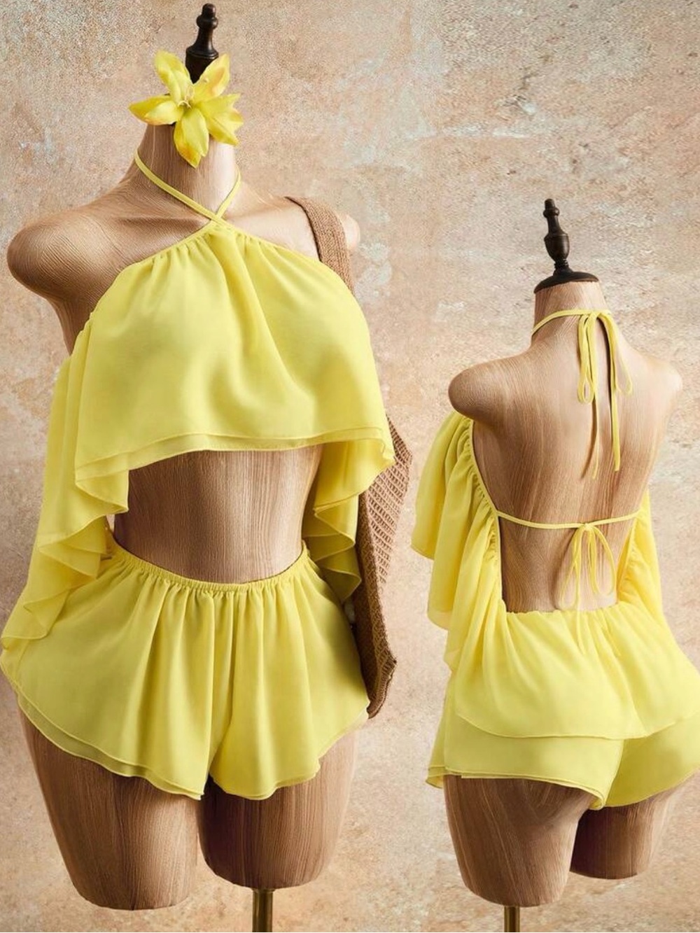 SHEIN Bright Yellow Ruffled Halter Crop Top & Shorts Set
